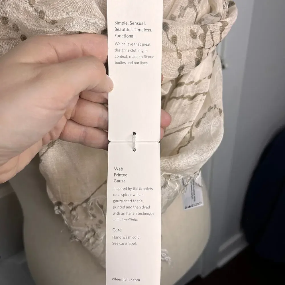 Eileen Fisher Scarf Women's White Grey Web Printed Gauze Modal Silk Flawed
